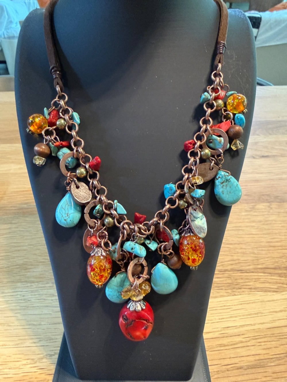 Boho Turquoise & Coral Beaded Charm Necklace - 16-20” - Copper & Cord Chain